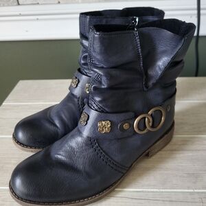 Rieker Women Peggy Blue Ankle Winter Boots Buckle Side Zipper 5.5 US 36 EU